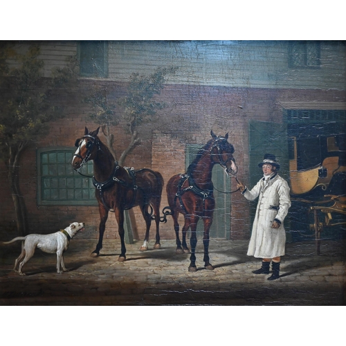 725 - W Turner - A groom with horses before a coach house, oil on panel, signed lower left, 39 x 51 cm