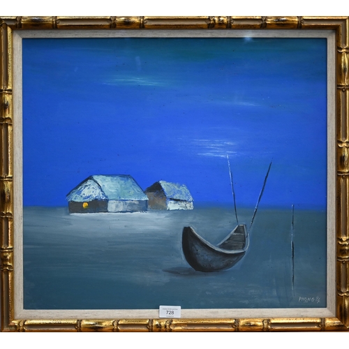 747 - Phong - A Vietnamese scene with boat and dwellings, oil on canvas, signed lower right and dated '94,... 