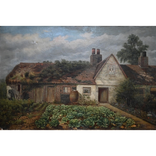 752 - Claude Hunt (1863-1943) - Alms house with abundant vegetable garden, oil on canvas, signed lower rig... 