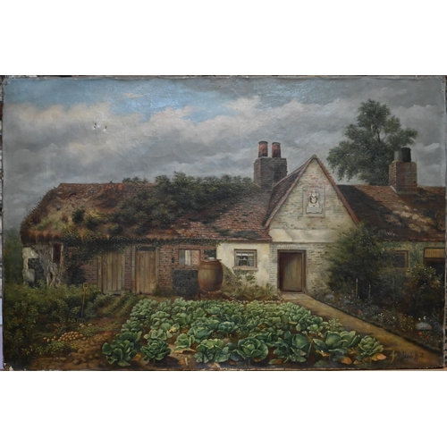 752 - Claude Hunt (1863-1943) - Alms house with abundant vegetable garden, oil on canvas, signed lower rig... 