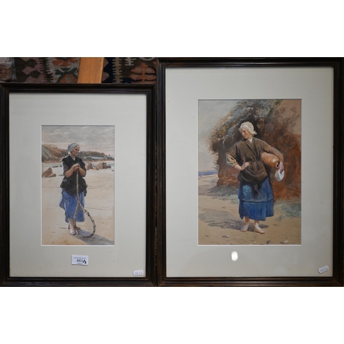 789 - 19th century English school - Two studies of fisherwomen, one carrying water urn, one with fishing n... 