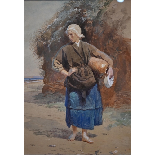 789 - 19th century English school - Two studies of fisherwomen, one carrying water urn, one with fishing n... 