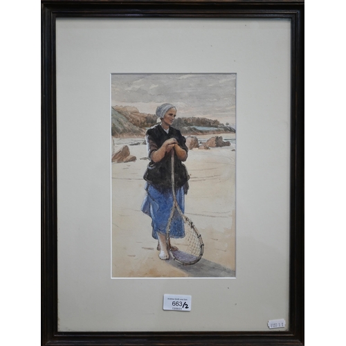 789 - 19th century English school - Two studies of fisherwomen, one carrying water urn, one with fishing n... 