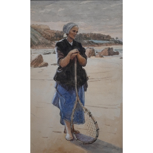 789 - 19th century English school - Two studies of fisherwomen, one carrying water urn, one with fishing n... 