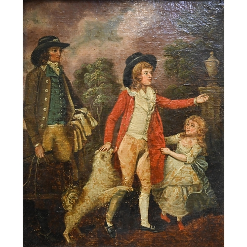 790 - F Wheatley attrib (1747-1801) - Children in a garden, oil on board, 35 x 30 cm