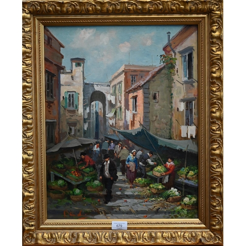 788A - Continental school - A busy market scene, oil on board, indistinctly signed lower left, 48 x 37.5 cm