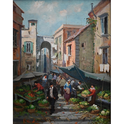 788A - Continental school - A busy market scene, oil on board, indistinctly signed lower left, 48 x 37.5 cm