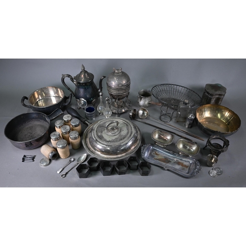 10 - A box of electroplated wares, including an egg-boiler with chicken finial, a chafing dish, a set of ... 