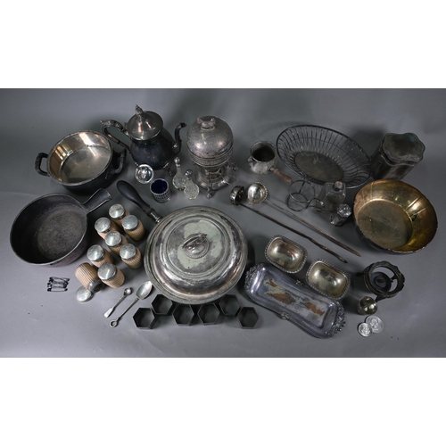 10 - A box of electroplated wares, including an egg-boiler with chicken finial, a chafing dish, a set of ... 