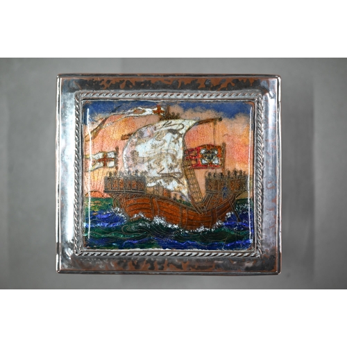 103 - Omar Ramsden: a plated on copper cigarette box, the hinged cover inset with enamelled galleon under ... 