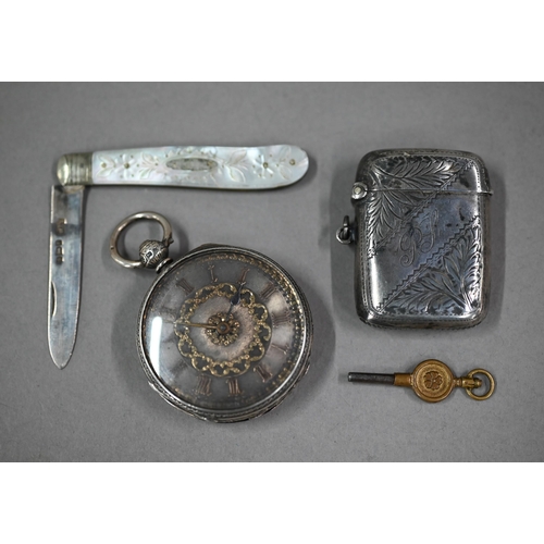 107 - A Victorian engraved silver fob watch with keywind lever movement, London 1867, to/w a vesta case, B... 