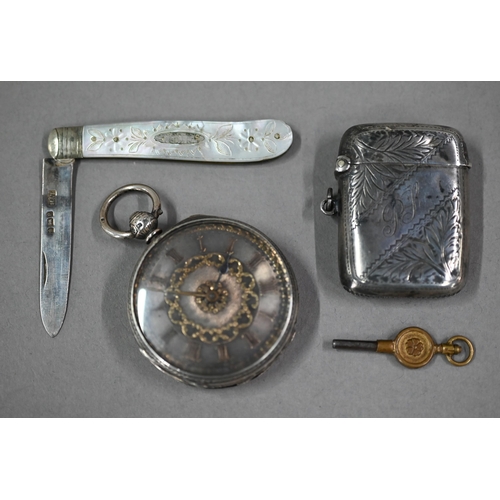 107 - A Victorian engraved silver fob watch with keywind lever movement, London 1867, to/w a vesta case, B... 