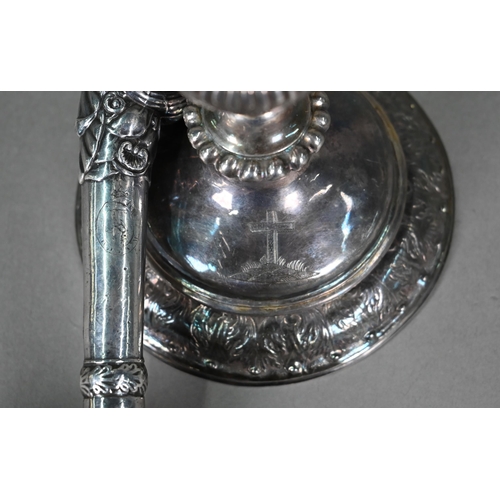 108 - An antique white metal chalice with gilded bowl and baluster stem (stamps underneath not recognised)... 