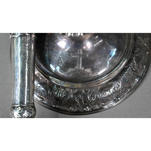 108 - An antique white metal chalice with gilded bowl and baluster stem (stamps underneath not recognised)... 