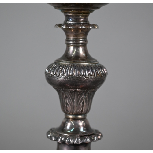 108 - An antique white metal chalice with gilded bowl and baluster stem (stamps underneath not recognised)... 