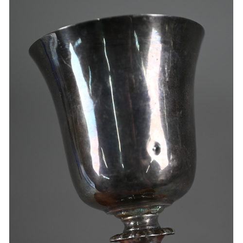 108 - An antique white metal chalice with gilded bowl and baluster stem (stamps underneath not recognised)... 