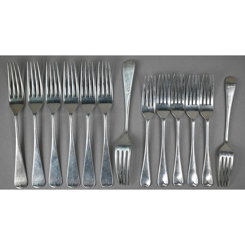 118 - A matched set of old English pattern silver flatware, comprising eight each table forks, soup spoons... 