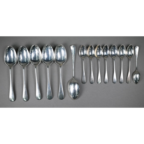 118 - A matched set of old English pattern silver flatware, comprising eight each table forks, soup spoons... 