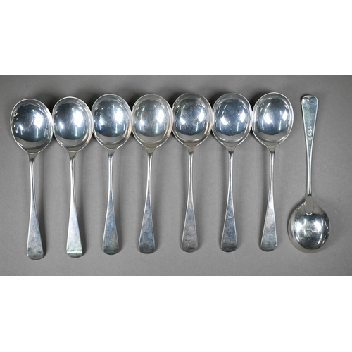 118 - A matched set of old English pattern silver flatware, comprising eight each table forks, soup spoons... 