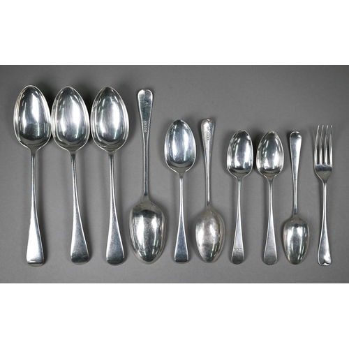 121 - Four various old English pattern silver tablespoons 1892-1927, to/w five Georgian and later dessert ... 