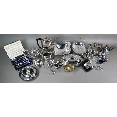 13 - Various silver condiments, salt and mustard spoons and a cased silver napkin ring, 7.5oz total, to/w... 