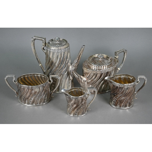 132 - A Victorian silver five-piece tea/coffee service with foliate-chased writhen fluting, ivory insulato... 