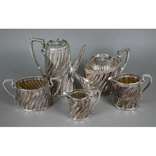 132 - A Victorian silver five-piece tea/coffee service with foliate-chased writhen fluting, ivory insulato... 