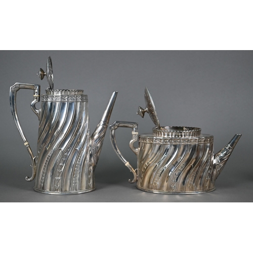 132 - A Victorian silver five-piece tea/coffee service with foliate-chased writhen fluting, ivory insulato... 