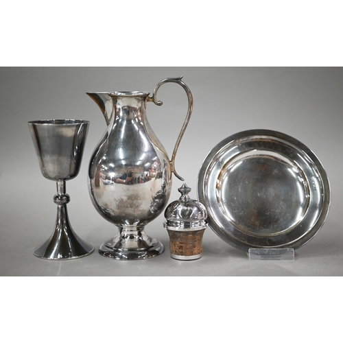 133 - A silver three-piece travelling Holy Communion set, comprising ewer with domed cover and cork stoppe... 