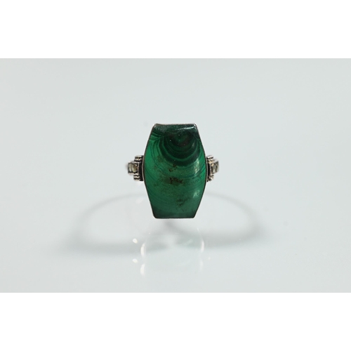 150 - An Art Deco style silver, malachite and cubic zirconia set cocktail ring, size P