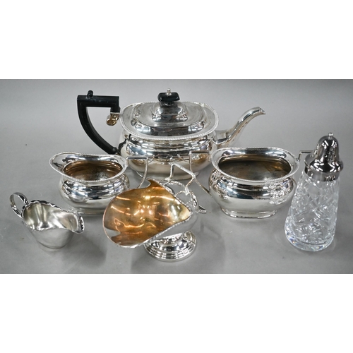 16 - An epns three-piece tea service, a comport, oval tray, sugar scuttle, souvenir spoons, etc. (box)
