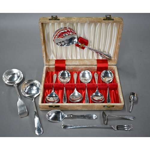 16 - An epns three-piece tea service, a comport, oval tray, sugar scuttle, souvenir spoons, etc. (box)