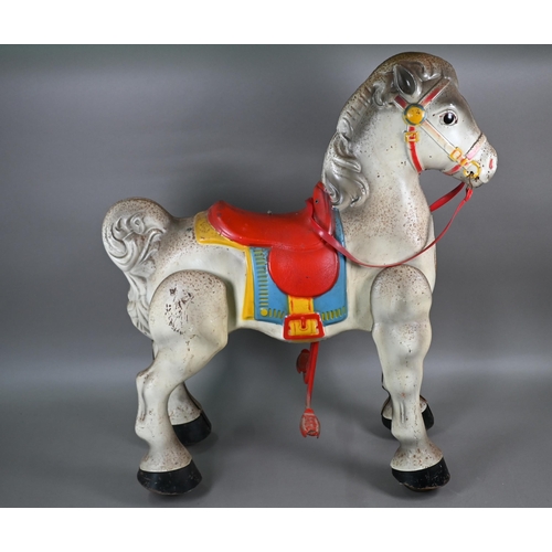 165 - A 1950s Mobo Bronco toy horse, the painted pressed steel body complete with red plastic reins and wo... 