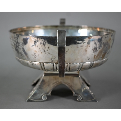 166 - A large silver rose bowl with scroll handles and half-reeded body, on substantial bracket foot in th... 