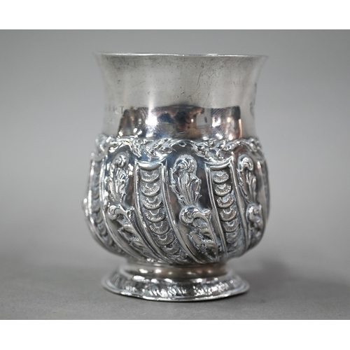 167 - A late Victorian heavy quality silver Christening mug with scroll handle and chased and writhen deco... 