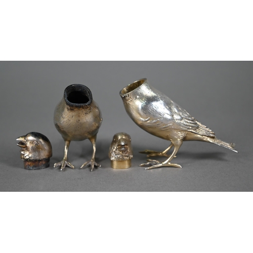 168 - A pair of Victorian silver novelty peppers, cast and chased as birds, with vestigial gilding, James ... 