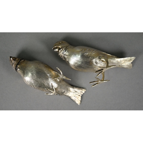 168 - A pair of Victorian silver novelty peppers, cast and chased as birds, with vestigial gilding, James ... 