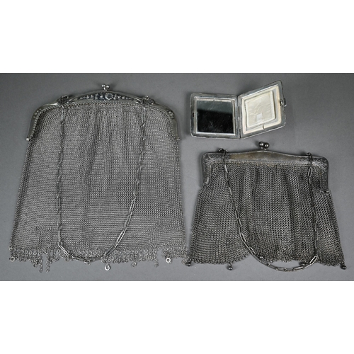 174 - A silver mesh evening bag, London import 1913, to/w a Portuguese .833 standard example; lot also inc... 