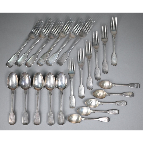 175 - A part set of Victorian fiddle pattern flatware, comprising six each table forks, dessert forks and ... 