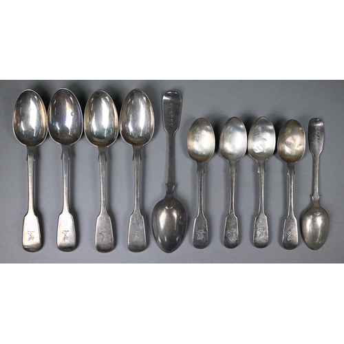 175 - A part set of Victorian fiddle pattern flatware, comprising six each table forks, dessert forks and ... 