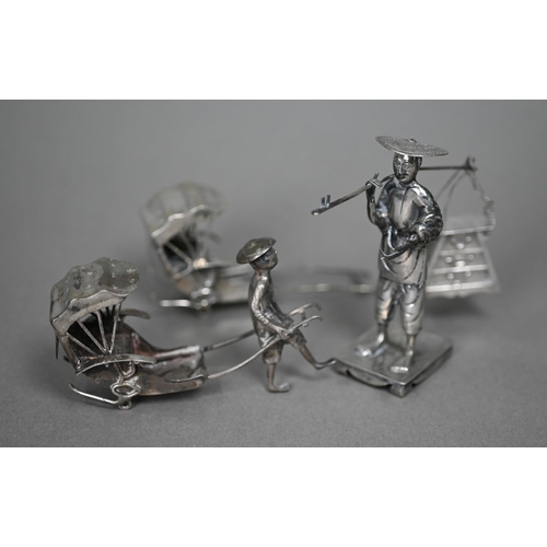 185 - A Chinese export silver figure of a tradesman, Wang Hing (lacks panniers), 8cm high, to/w a miniatur... 