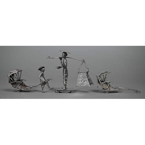 185 - A Chinese export silver figure of a tradesman, Wang Hing (lacks panniers), 8cm high, to/w a miniatur... 