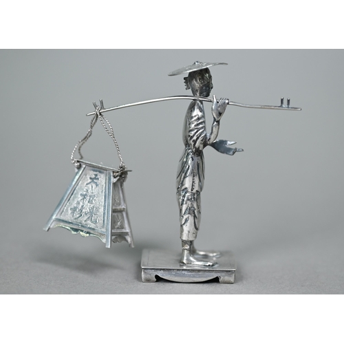 185 - A Chinese export silver figure of a tradesman, Wang Hing (lacks panniers), 8cm high, to/w a miniatur... 