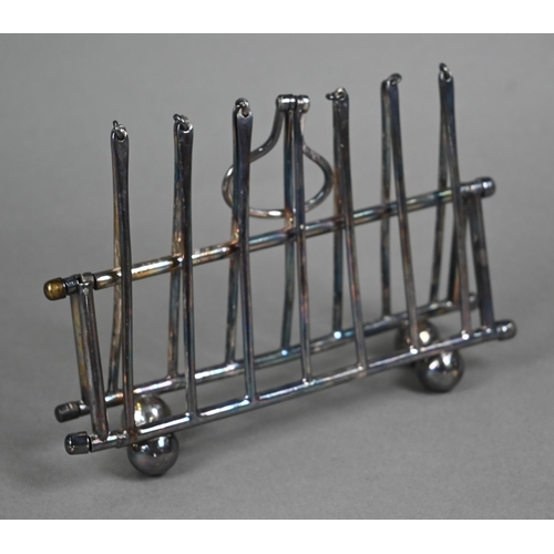 2 - A Victorian Elkington & Co electroplated folding toast rack of triangular form, with hinged loop... 
