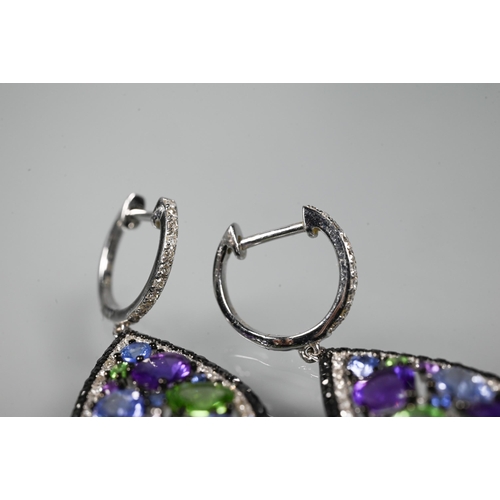 207 - A suite comprising half-hinged bangle, bombe-style ring and pendant drop earrings, each set with mix... 