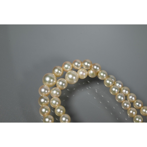 216 - A pearl necklace comprising two rows of graduated cultured pearls on oval pearl and diamond set snap... 