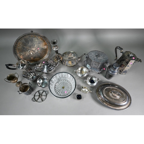 23 - A quantity of electroplated wares including biscuit-box, cocktail shaker, salver, coffee pot, etc. (... 