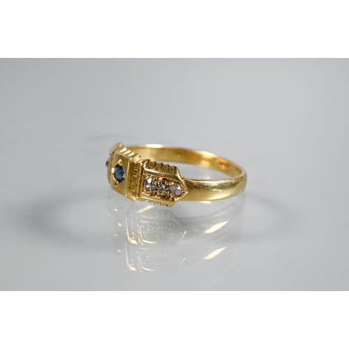 234 - An antique 18ct yellow gold ring set with blue sapphire to centre, with three diamonds to each shoul... 