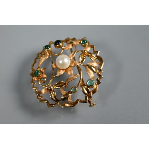 242 - A circular brooch of open floral form, set with central cultured pearl and with six small cabochon e... 