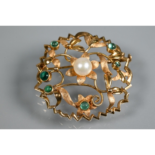 242 - A circular brooch of open floral form, set with central cultured pearl and with six small cabochon e... 